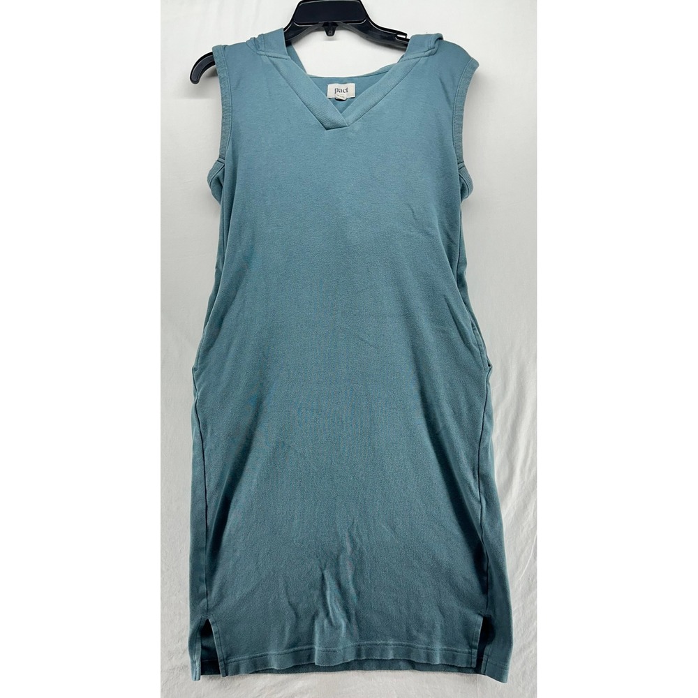 Pact Womens Organic Cotton Sleeveless Hoodie Dress Teal Blue V-Neck Small